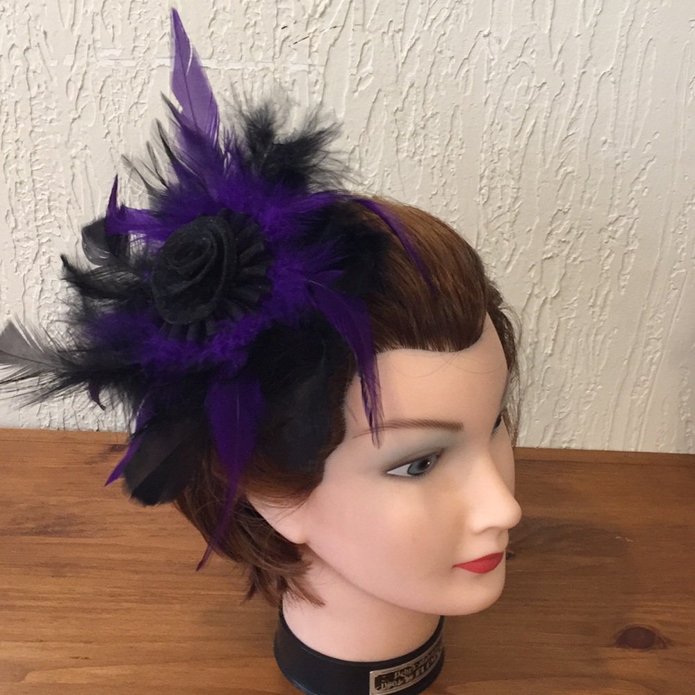 Purple and black feather fascinator